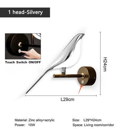Nordic Touch Switch LED Wall Lamps for Bedside TV Background Gold Silver Magpie Bird LED Wall Lights Wall Sconce for Corridor