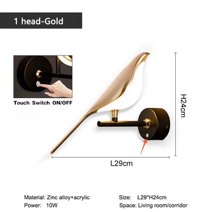 Nordic Touch Switch LED Wall Lamps for Bedside TV Background Gold Silver Magpie Bird LED Wall Lights Wall Sconce for Corridor