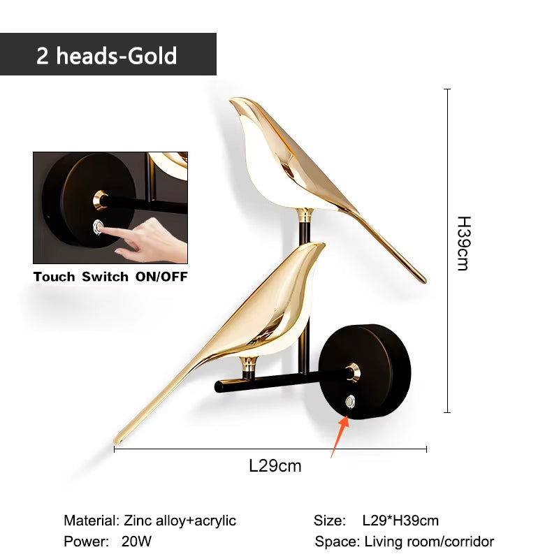 Nordic Touch Switch LED Wall Lamps for Bedside TV Background Gold Silver Magpie Bird LED Wall Lights Wall Sconce for Corridor