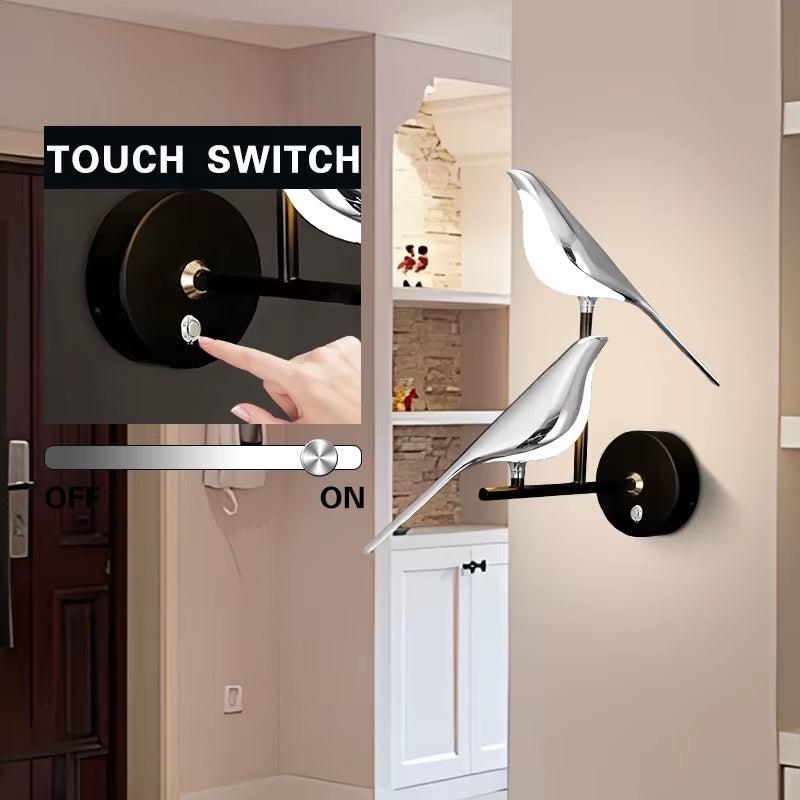 Nordic Touch Switch LED Wall Lamps for Bedside TV Background Gold Silver Magpie Bird LED Wall Lights Wall Sconce for Corridor