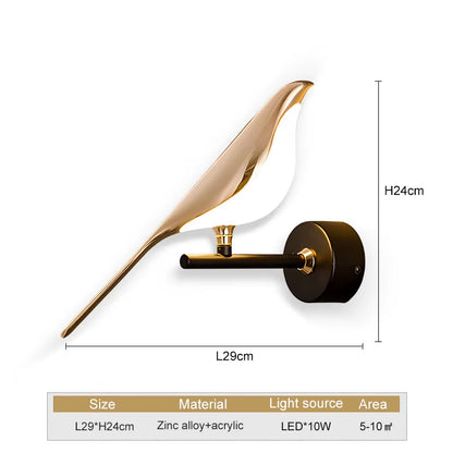 Nordic Touch Switch LED Wall Lamps for Bedside TV Background Gold Silver Magpie Bird LED Wall Lights Wall Sconce for Corridor